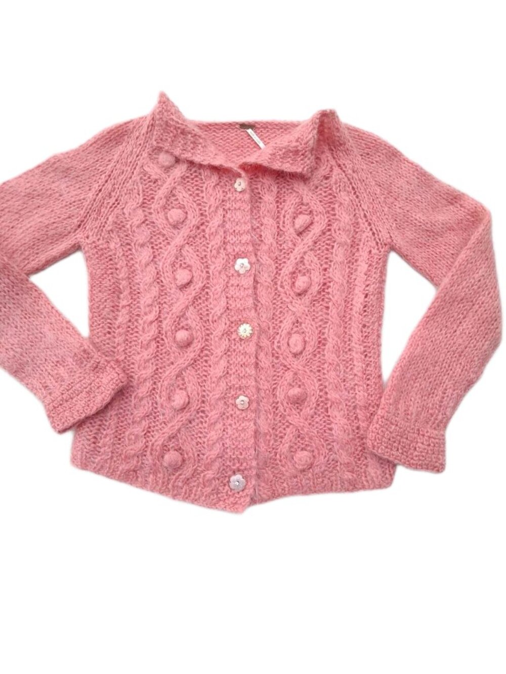 Free People Mohair Dusty Pink Cardigan Fuzzy Flower Button Cozy Coquette S/M